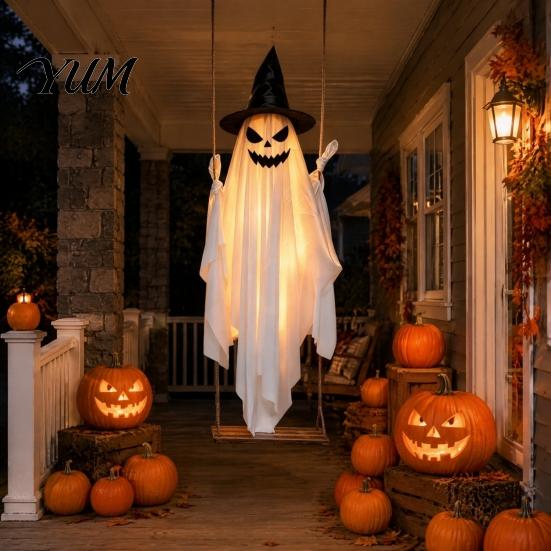 Gruselige Gartendekoration für Halloween-Party, Leuchtende hängende Geisterdekoration, Groß auf einem Zaubererhut Verandaschaukel mit Hexe Vorderer Baum Leuchtendes Dämonengesicht