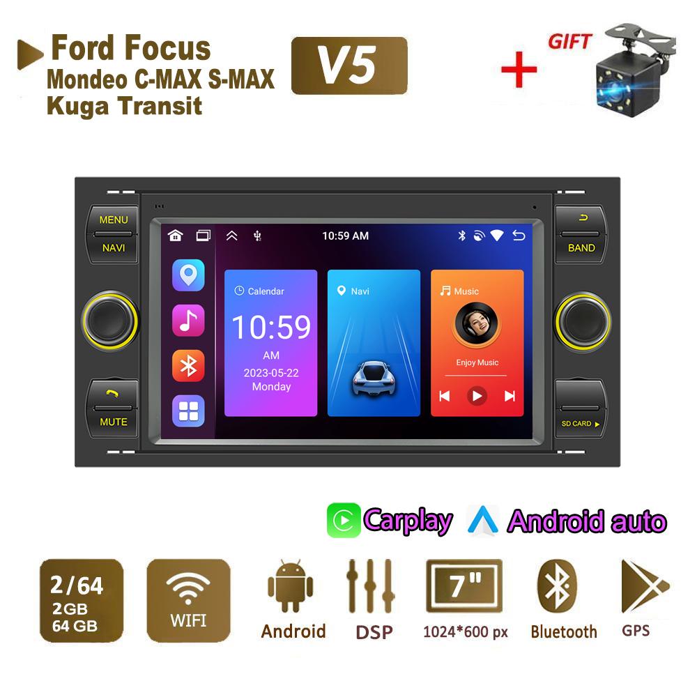 

Автомобильный радиоприемник мультимедийный проигрыватель для Ford Focus 2007 Mondeo S-max C MAX Kuga Galaxy Fiesta Transit Fusion 2 Din Android Carplay GPS Autoradio 2+64 ГБ 2+64GB чёрный
