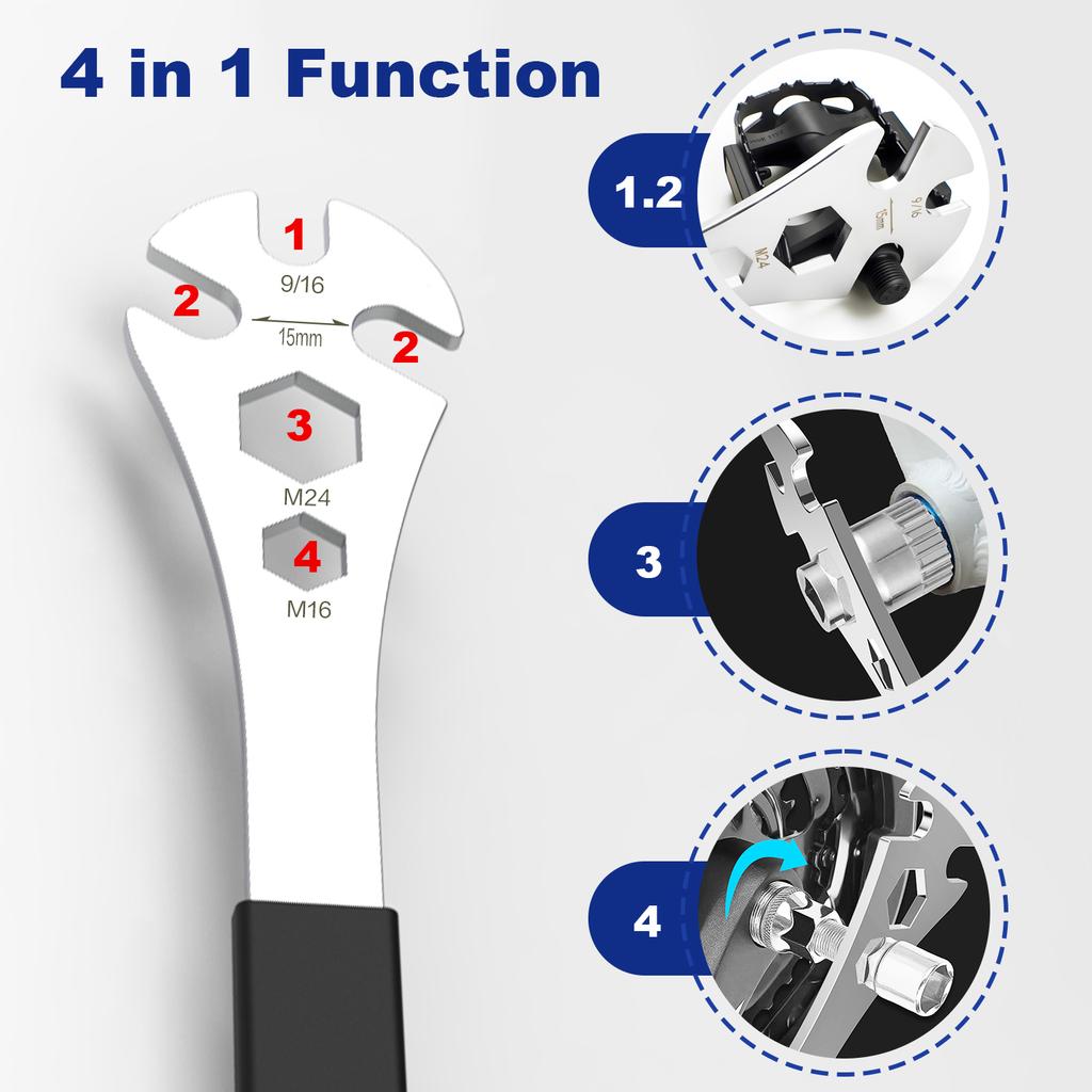 Bike Pedal Wrench, Cr-V Steel + Ni-Cr Plating Super Hard Bicycle Pedal Removal Tool, 33cm Extra Long Handle Bicycle Pedal Wrench with Rubber Grip