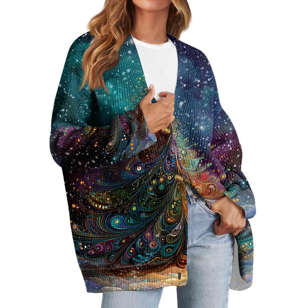 Women's Fashion Long Sleeve Christmas Print V-Neck Button Loose Cardigan Top