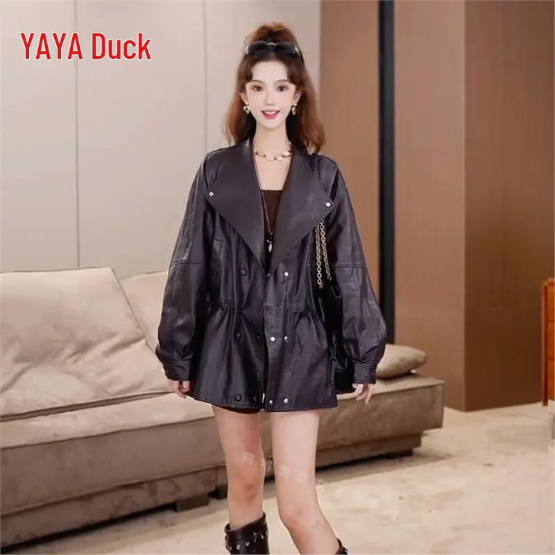 Women's Mid-Length Waist-Cinching Leather Jacket - 2026 New Stylish Temperament with 90% Duck Down Warmth