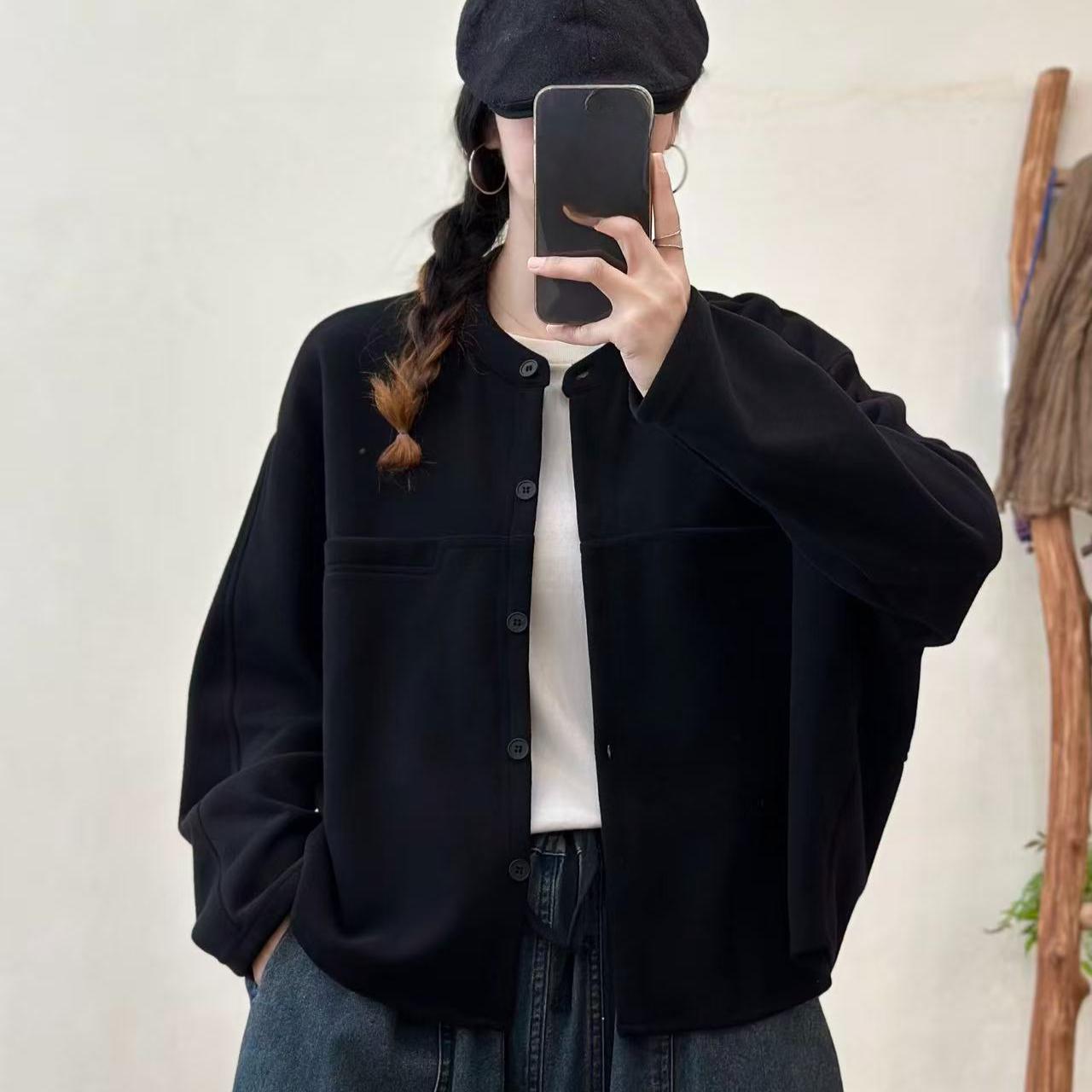 

DIMANAF 2025 Пальто Короткая куртка Женская Хлопок Однотонная Длинный рукав Карманы Модные топы Футболки Свободные футболки Новинка One Size