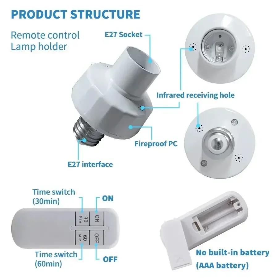 RF 433MHz Wireless Light Bulb Socket E27 with Remote Control Switch LED Lamp Bases ON/OFF Room Chandelier Timer Switch Battery