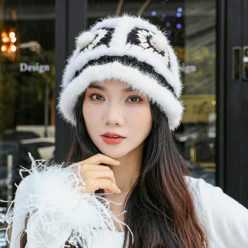 Winter Mink Hair Lion Hat Female Cute Fashion Plush Knitted Hat Tiger Head Fur Hat Bucket Hat