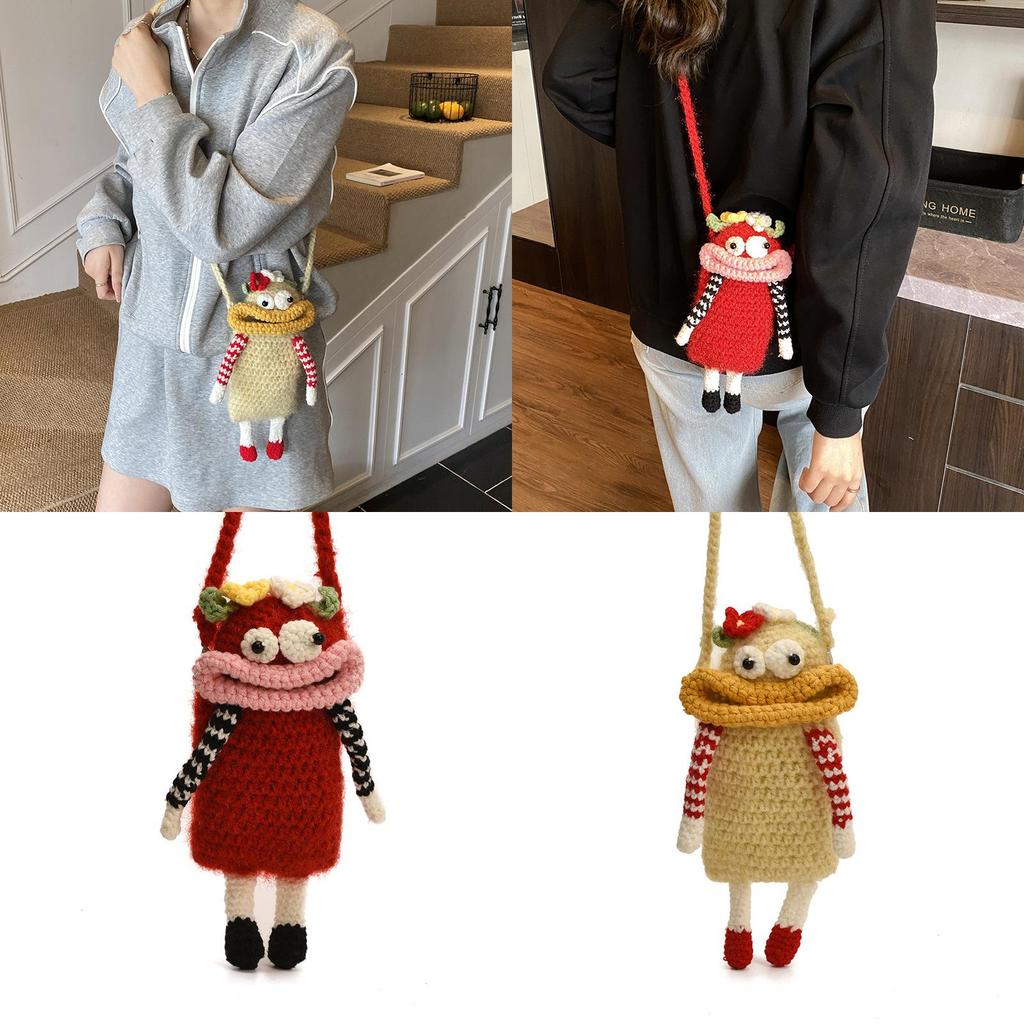 Funny Cute Big Mouth Woven Crossbody Bag With Top Open Design And Cellphone Pocket For Daily Use