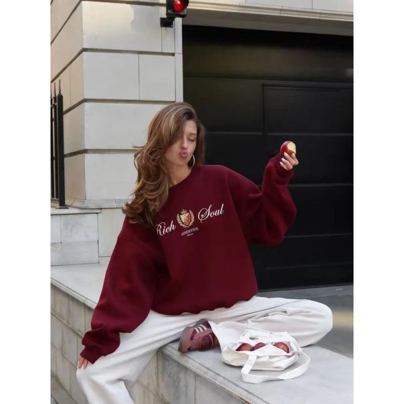 

European & American Style 2025 Casual Loose Plus Velvet Print Pullover Sweatshirt for Autumn & Winter XXL