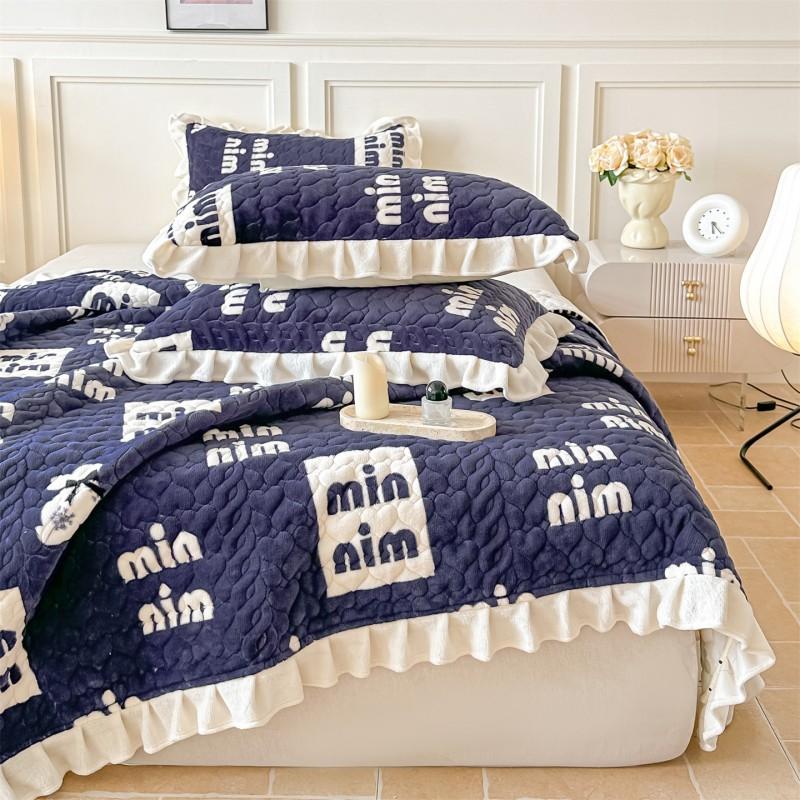 Thick Warm Milk Coral Fleece Bedding Set Floral Bedspread Quilt Cover Lace Trim Home