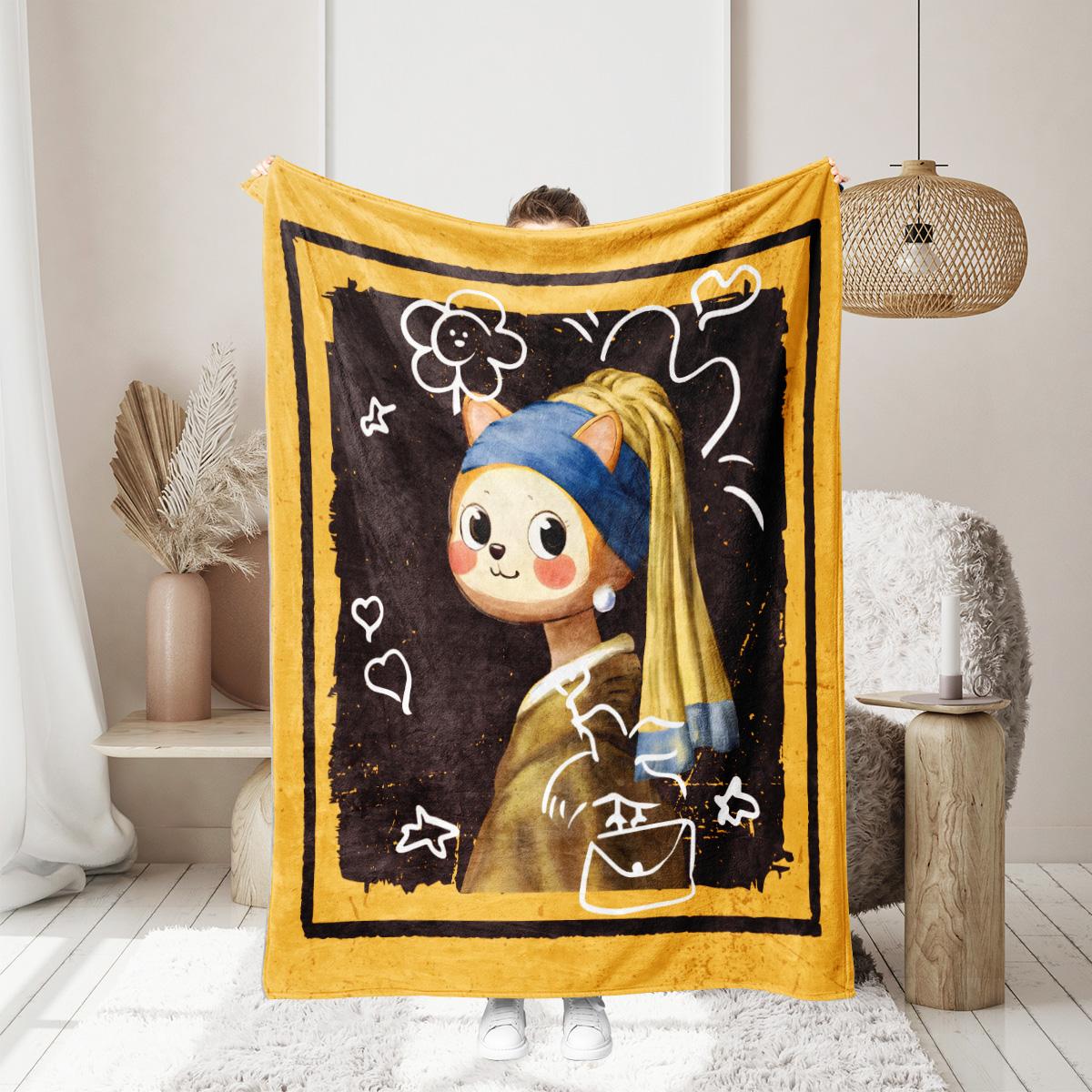 

1 double-sided flannel pearl girl print blanket with earrings suitable for sofas, air-conditioned rooms, and camping use 100x150cm