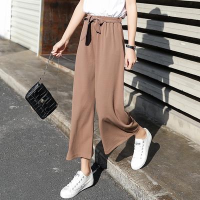 Women's Spring Korean Style Wide Leg Pants Loose Chiffon Casual Straight Leg Trousers with Tie Waist and High Waist for Summer