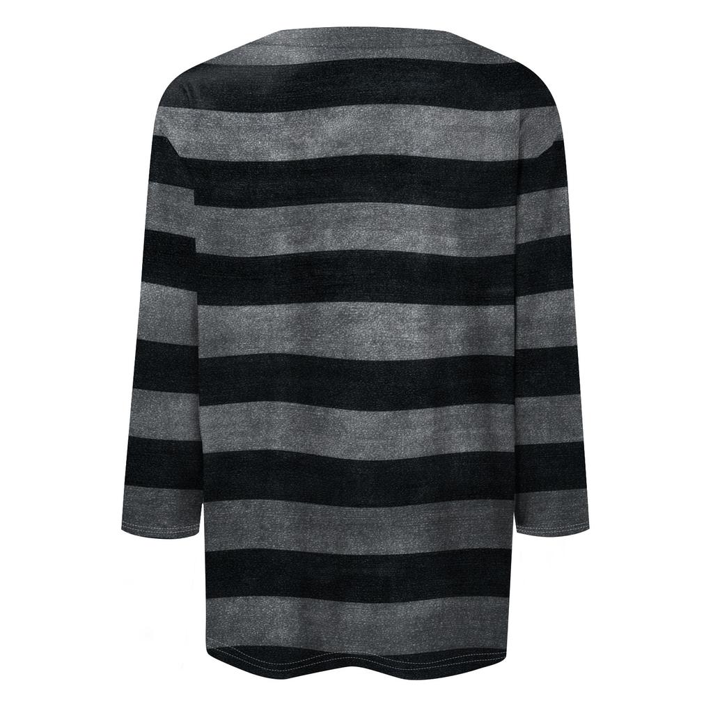 Modisches, lässiges Damen-T-Shirt mit Rundhalsausschnitt, Dreiviertelärmeln und Streifenmuster