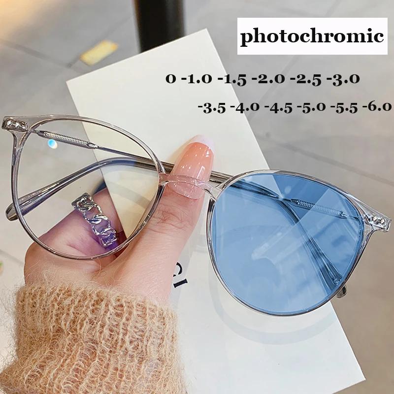 

Fashion Round Color Changing Minus Eyeglasses Anti Blue Rays Photochromic Sunglasses Finished Prescription Eyewear with Diopter