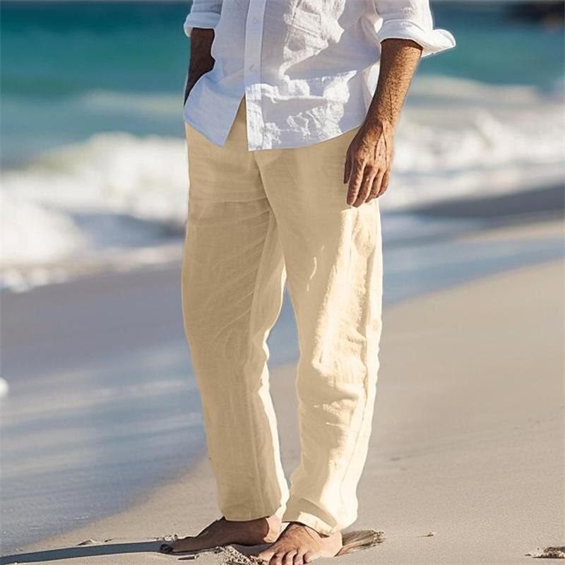Men's Pure Linen Solid Colour Casual Relaxed Fit Spring/Summer Breathable Beach Straight-Leg Everyday Holiday Trousers