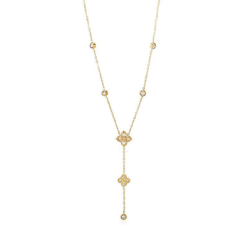 European and American Versatile Exquisite Collarbone Chain Stainless Steel Y-shaped Long Necklace Light Luxury Diamond Four-leaf Flower 18k Gold-plate