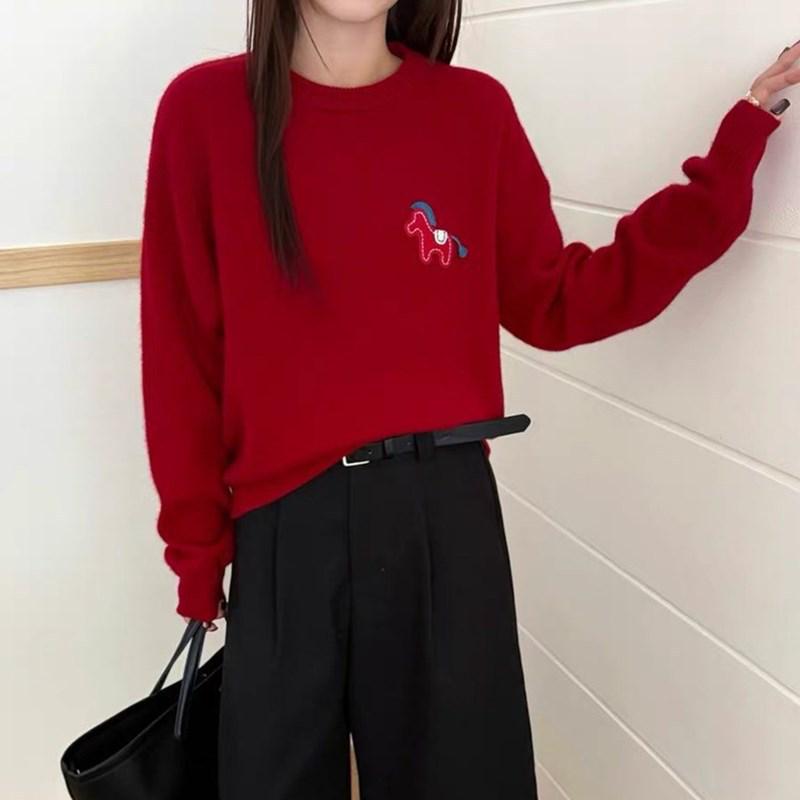 Women's European Style Red Wool Sweater with Pony Hair - Autumn/Winter Knitwear