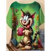 XL-7XL Plus Size Women's Men Cartoon Cat Casual 3D Print Loose V Neck Short Sleeved T-shirt Top