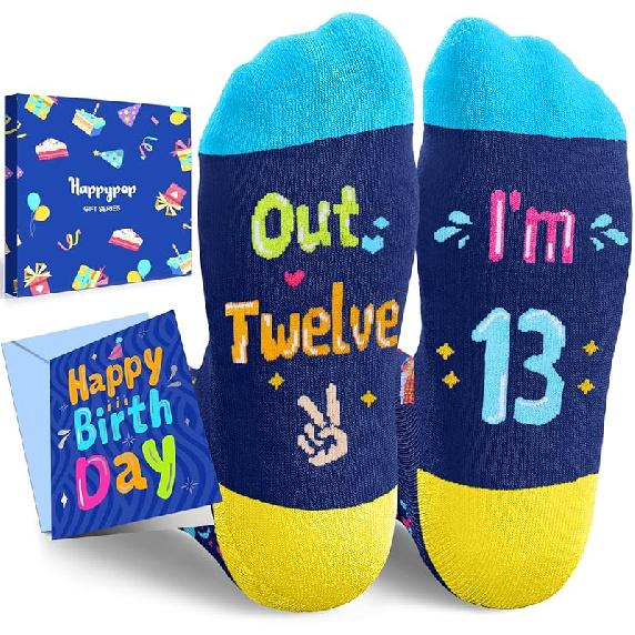 HAPPYPOP 6-13 Years Old Birthday Gifts - Presents for Girls Boys, Socks with Greeting Card