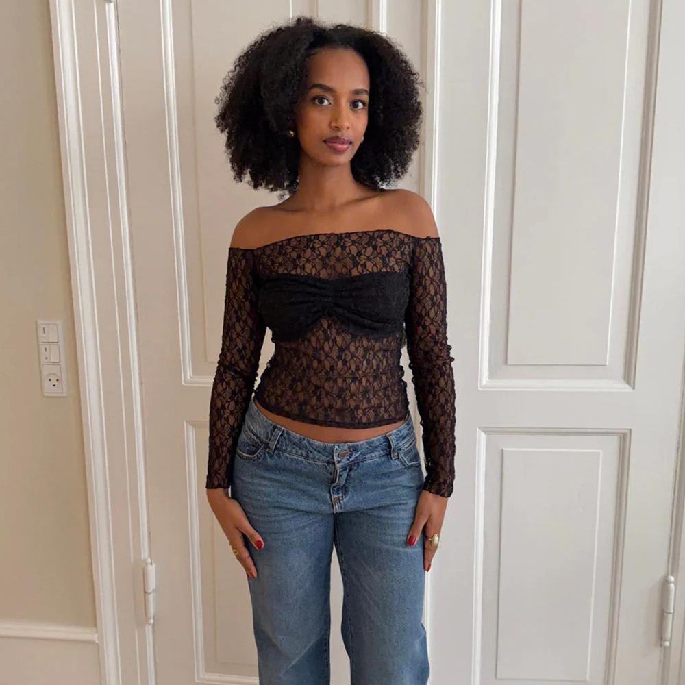 European Women s Lace One-Shoulder Top - Slim Fit, See-Through Waist, Long Sleeves Large чёрный