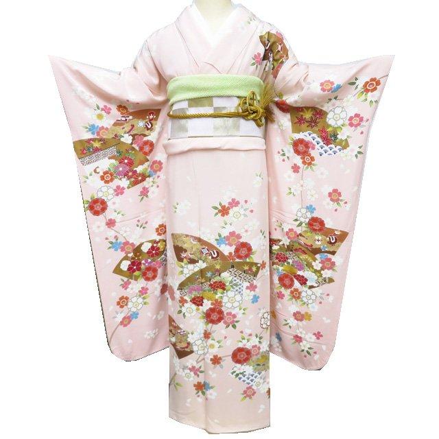 

[Used] Furisode Recycled Kimono Pure Silk Gold Koma Embroidery Flower Pattern Cherry Blossom Peony Paper Treasure Crepe Fabric Maiden Color