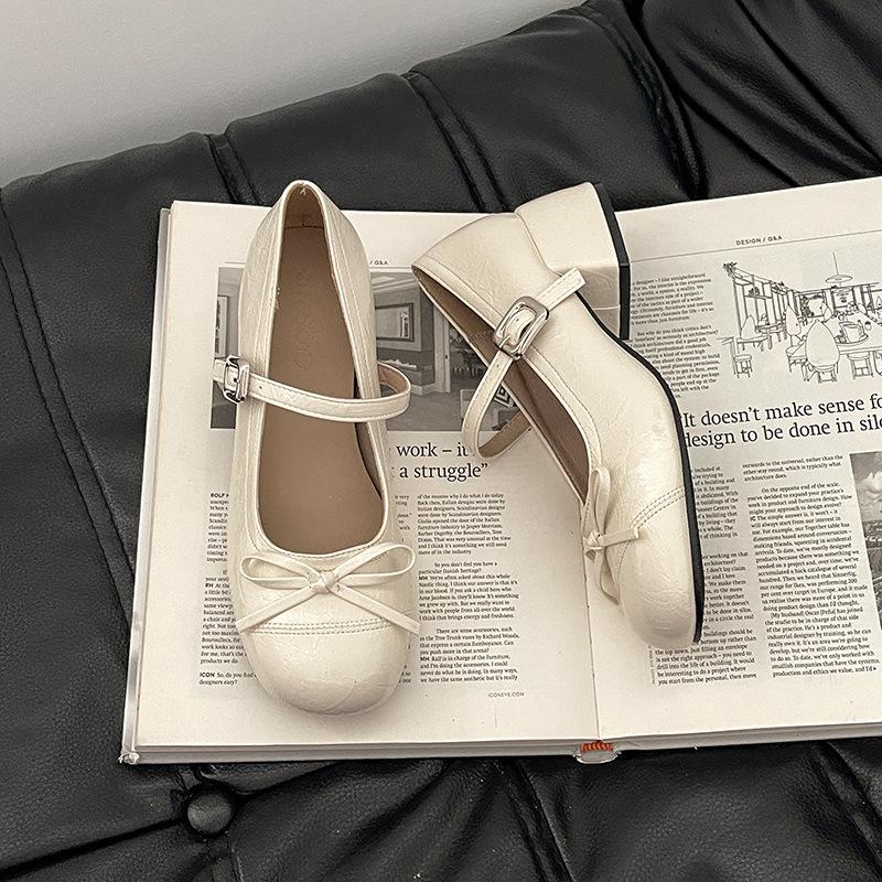 

Retro Mori bow soft-soled Mary Jane shoes women s summer 2025 new versatile thick heel heightening small leather shoes 40 бежевый