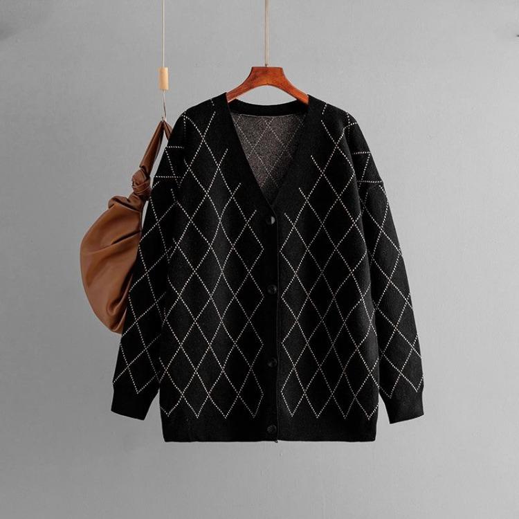 Women Sweater Oversized Chunky Knit Cardigan Long Sleeve V Neck Plaid Jacket for Fall Winter Women Clothing Outwear One size чёрный