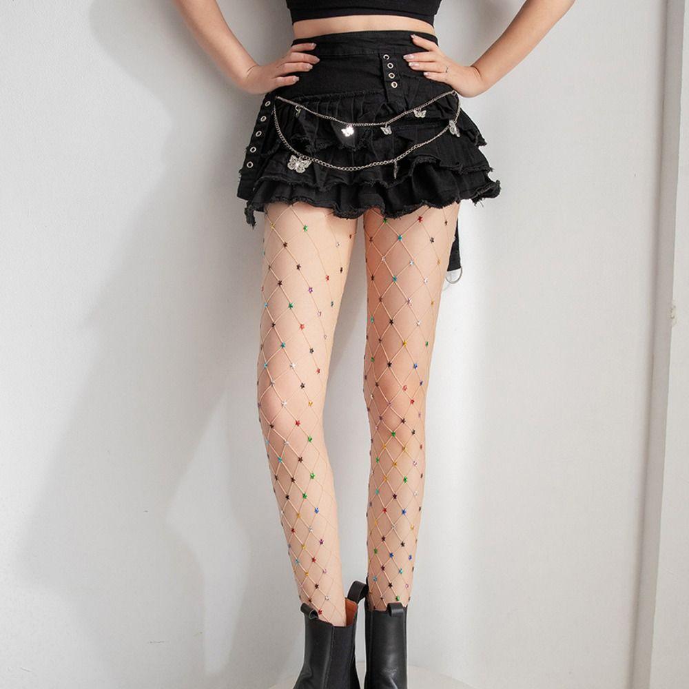 Star Accents Fishnet Pantyhose Diamond Mesh Mesh Stockings Sexy Party Hosiery  Stage Performance