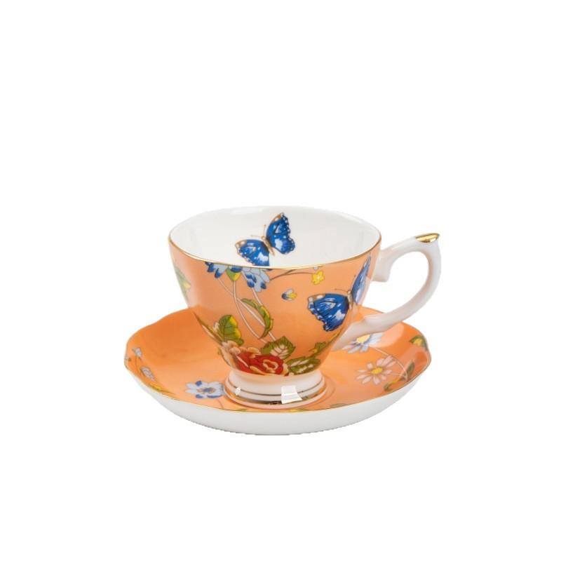 Luxury Gold Rim Bone China Tea Cup and Saucers, Elegant Floral Butterfly Coffee Mug Tableware Set, Bird on Branches Bone China Coffee Cup for Home