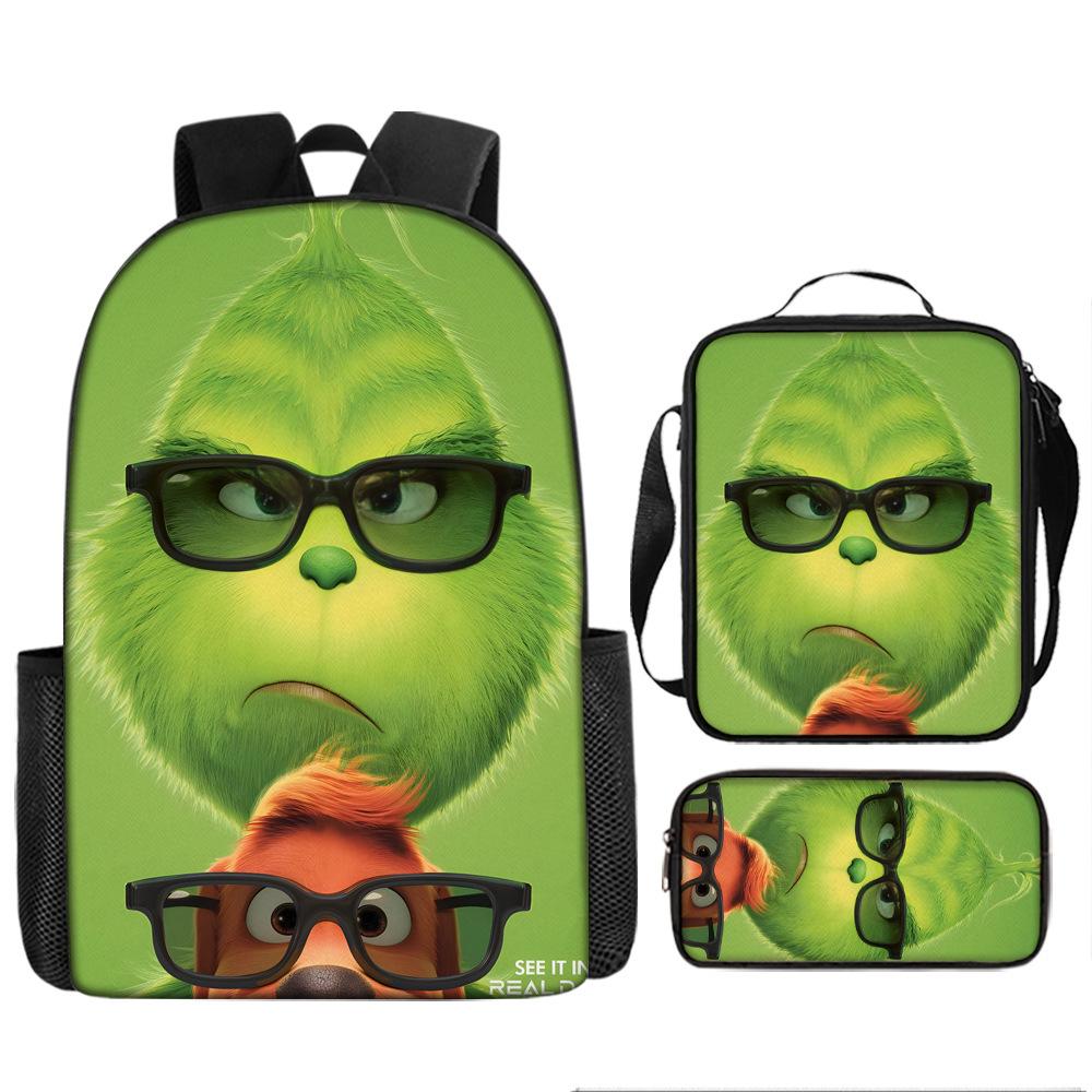 Green Hair Monster Grinch School Bag Campus 12345th and 6th Grade Backpack Lightweight Weight Loss Computer Bag Three-piece Set
