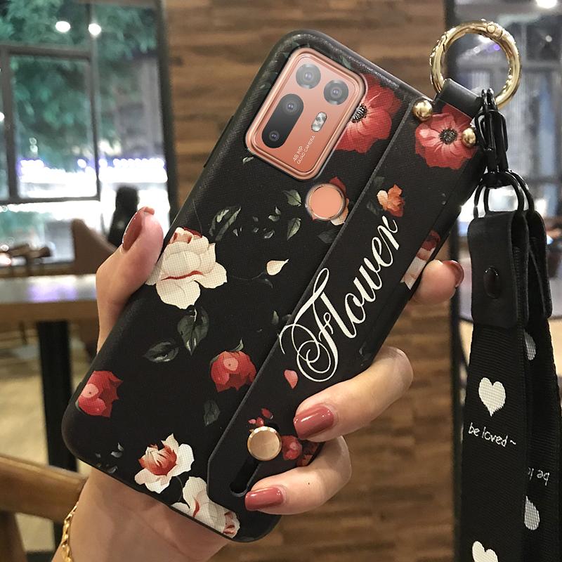 Durable Wristband Phone Case For HTC Desire 20 Plus/D20+ Lanyard Back Cover Shockproof Flower Soft case Fashion Design
