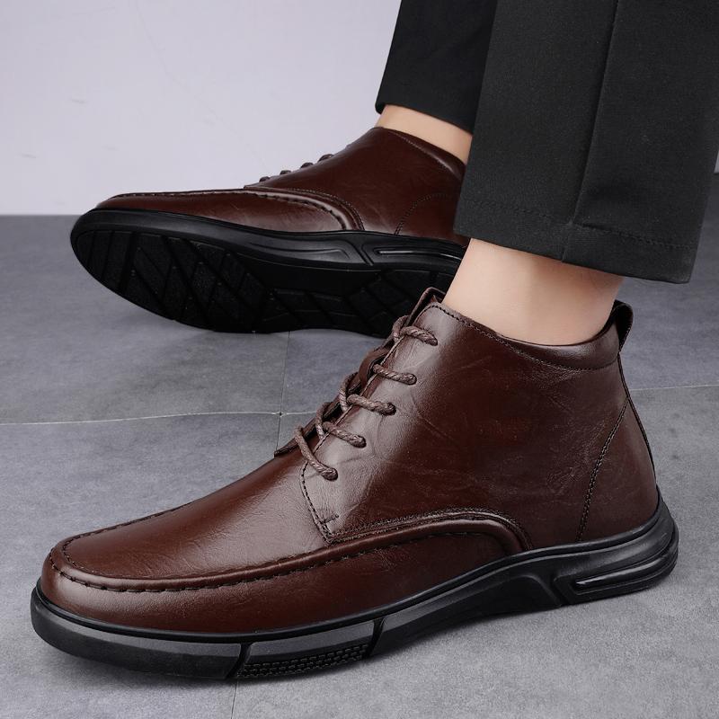 Echtes Leder Herren Freizeitschuhe Handgefertigt Herren Winter Plüsch Schneestiefel Männlich High Top Reiseschuhe Neuankömmling Motorradstiefel