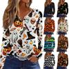 Women's Fashion Casual Halloween Printed V-Neck Button Trim Long Sleeve T-Shirt Top