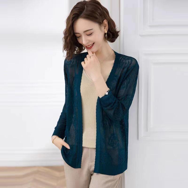 Middle Aged and Elderly Women's Long Knitted Cardigan with Summer Hollow Out Thin Design Paired with A Shawl and Air Conditioning Shirt