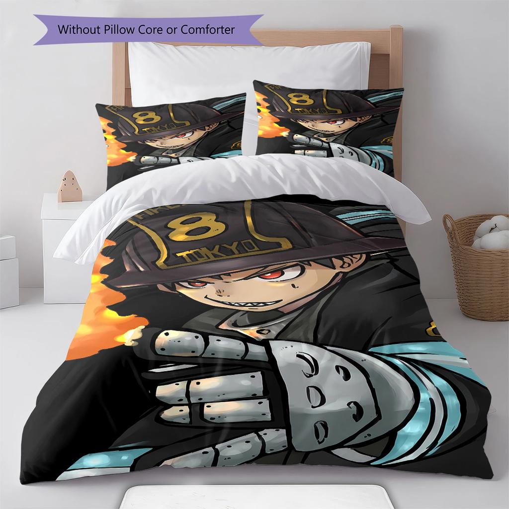 Fire Force Pattern Bedding,Quilt Set Quilt Cover Pillowcase Home Birthday Gift (1 * duvet cover + 2 * pillowcase, without core)