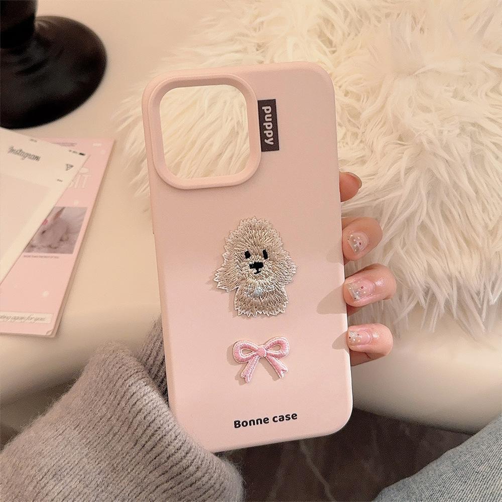 Ins Bow Embroidered Puppy 16 Mobile Phone Case Apple 17 Anti-fall Iphone15pro Max Suitable for 13 Sweet Girls
