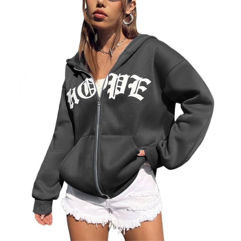 Unisex Oversized Zip-Up Hoodie With Letter Print Cotton Blend Warm Casual Sweatshirt