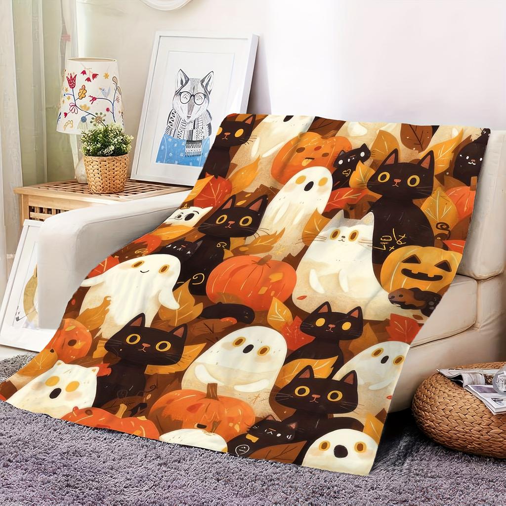Cute Halloween Cats Blanket - Soft Throw with Ghosts, Pumpkins, Festive Home Decor, Unique Gift for Kids and Cat Lovers