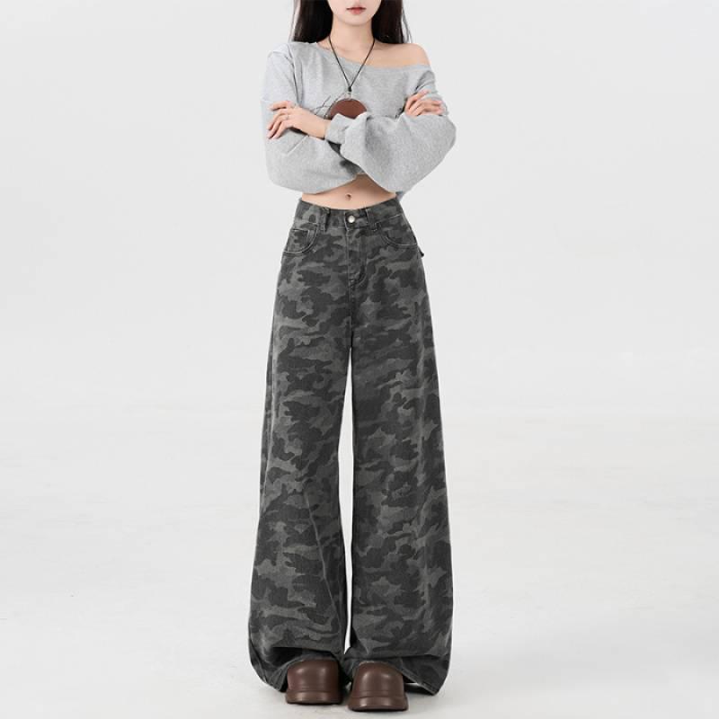 American High Street Camouflage Wide-Leg Women s Grey High-Waist Slimming Cargo Jeans XS