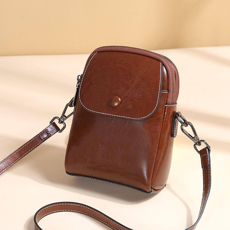 Retro oil wax cowhide small bag mobile phone bag new leather women's bag shell bag versatile shoulder messenger bag