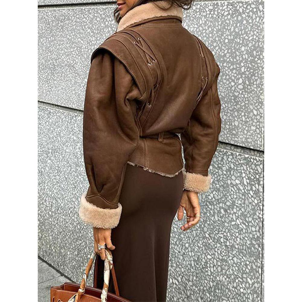 Elegant Pu Patchwork Jacket with Belt Women Fashion Long Sleeves Drawstring Tie Coat Female Thick Street Outwear