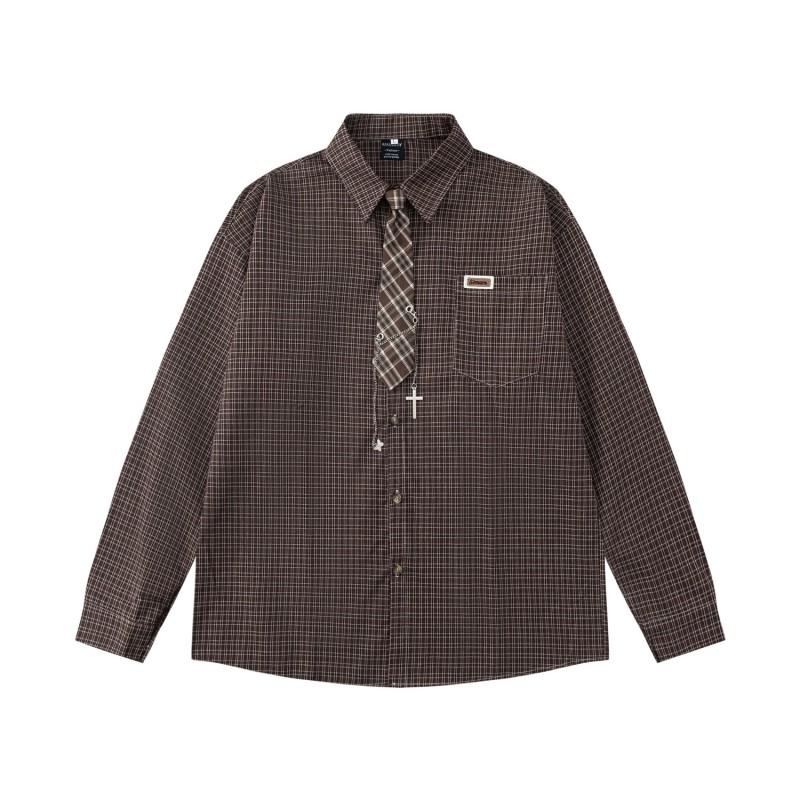 American Vintage Plaid Shirt Loose Fit Long Sleeve Button Up Top Men Women Casual Style