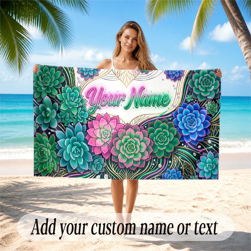 Floral Garden Theme Soft Beach Towel Personalized Custom Name Text Towel Portable for Beach Pool Travel
