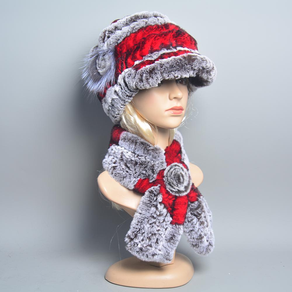 2024 Knitted Real Rex Rabbit Fur Hat Scarf Women Winter Rex Rabbit Fur Cap Scarves Sets Natural Warm Rex Rabbit Fur Muffler Hats