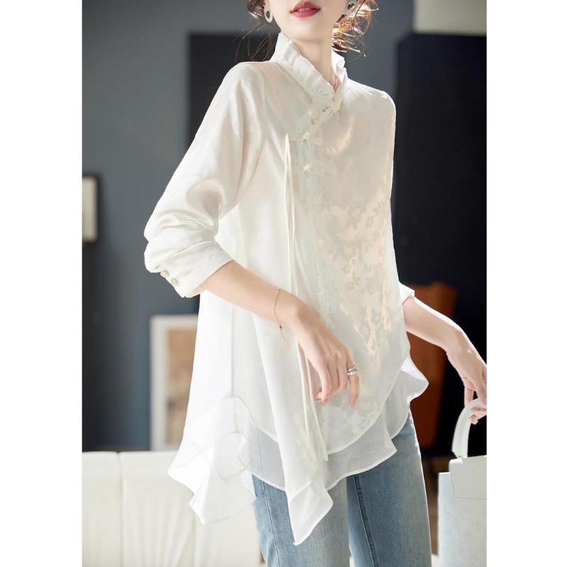 Chemisier à boucle avec peinture à l'encre chic pour femme - Ourlet irrégulier, haut de style estival avec manches en mousseline