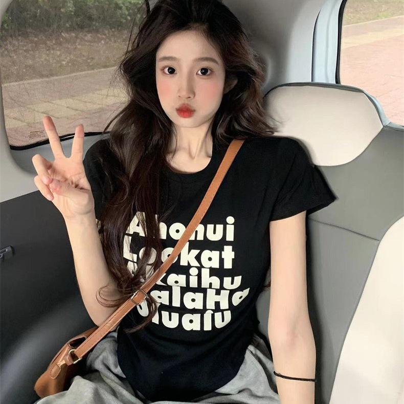 American Alphabet Black Short-sleeved T-shirt Women's Summer 2026 New Korean Version Design Niche Slim-fit Top