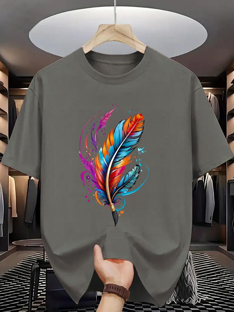 Vibrant Rainbow Feather Print Unisex Short Sleeve Tshirt Art Quill Pattern O Neck Tee Creative Art Style Male Street Fashion Tops