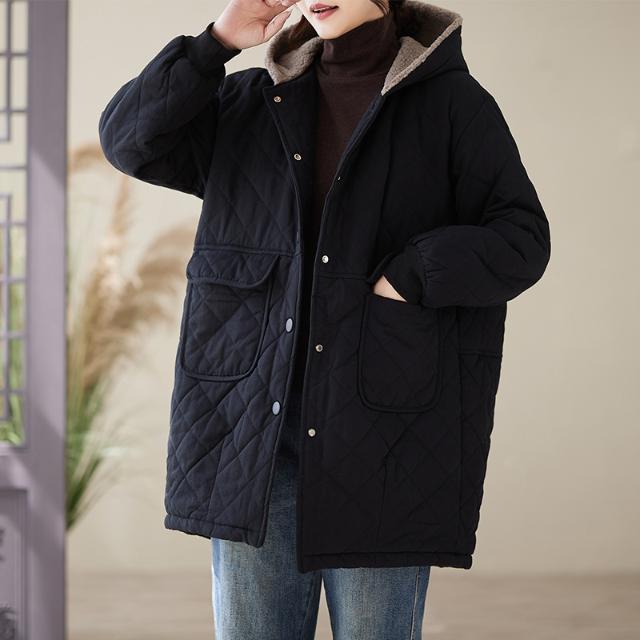 Women's Mid-Length Quilted Cotton Jacket with Hood – Warm Lambswool, Available in Orange-Red, Coffee-Green, Black