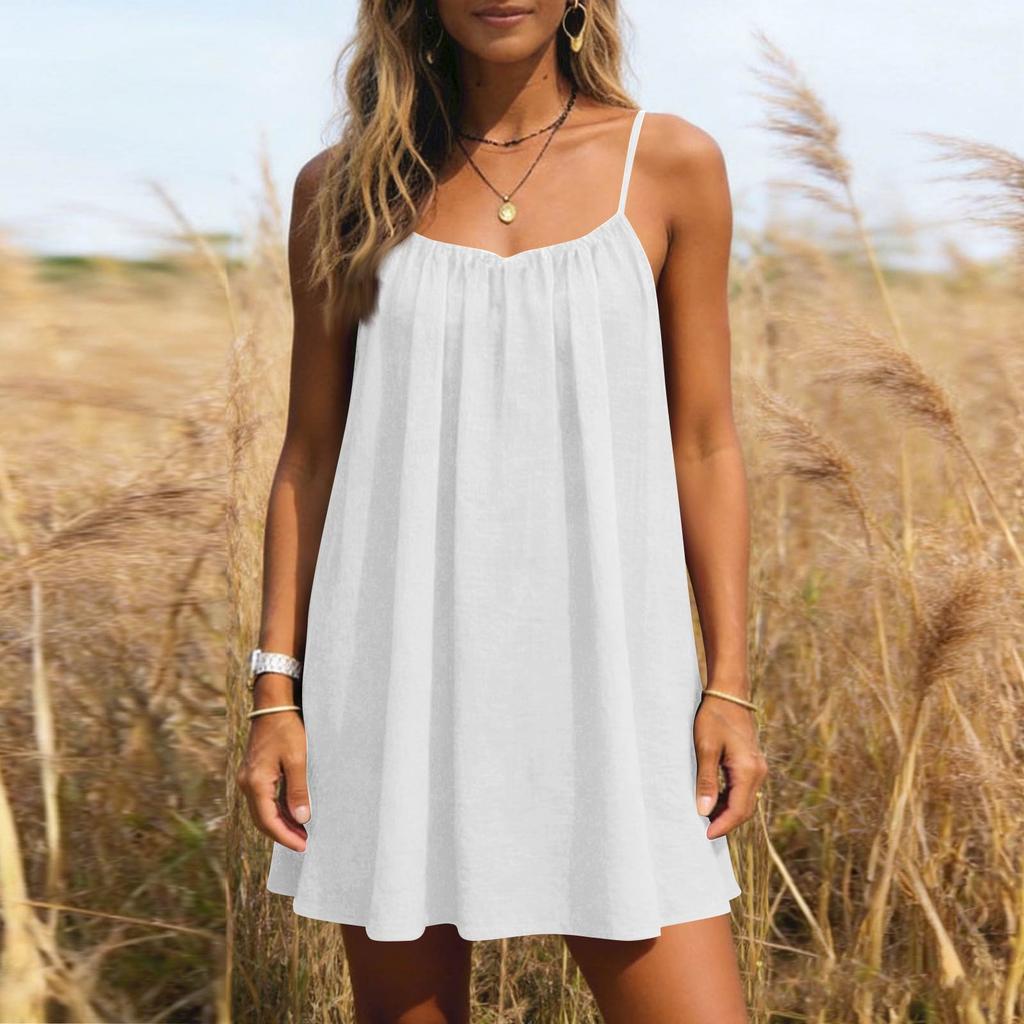 Women's Backless Spaghetti Strap Dress, Sleeveless Thin-strapped Flowy Beach Vacation Short Dress, With Back Tie.
