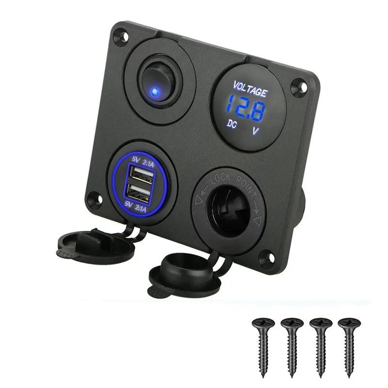 Car Charger 12V USB Panel Socket 4 in 1 Dual USB Charger with Rocker Switch Car Cigarette Lighter Digital Voltmeter for Car RV