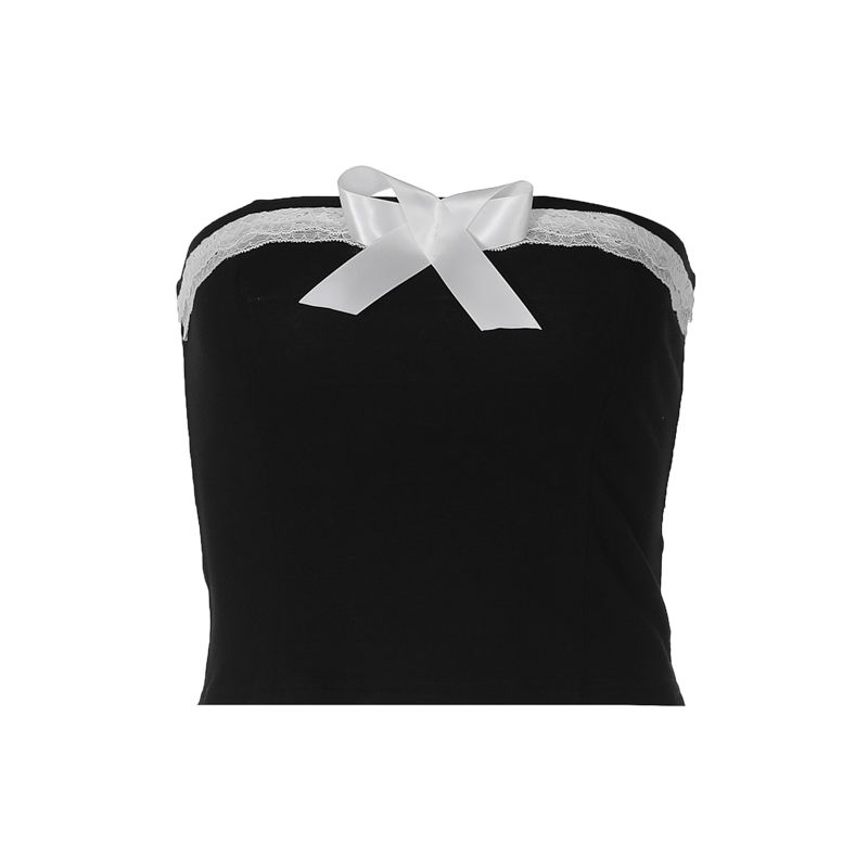 

Shemoda Lace Patchwork Decorative Flower Short Top Tube Top Black L