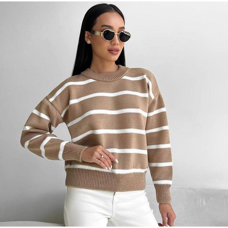 Winter Autumn Loose Round Neck Striped Knitted Pullover Women Long Sleeve Casual O-neck Sweater