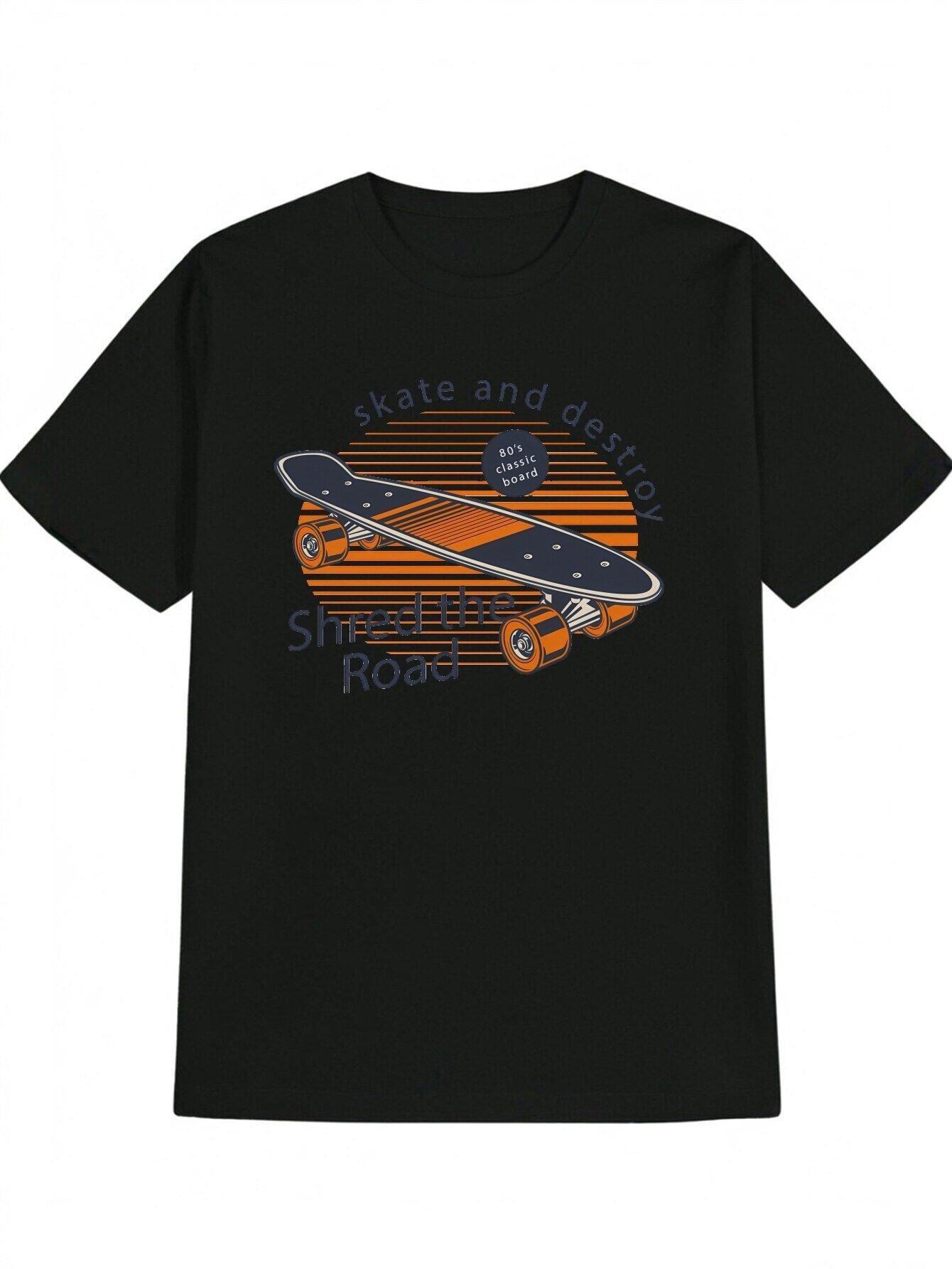 Casual Crew Neck T-shirt with Retro Skateboard Graphic - STATE AND DESTROY Print XXXXL